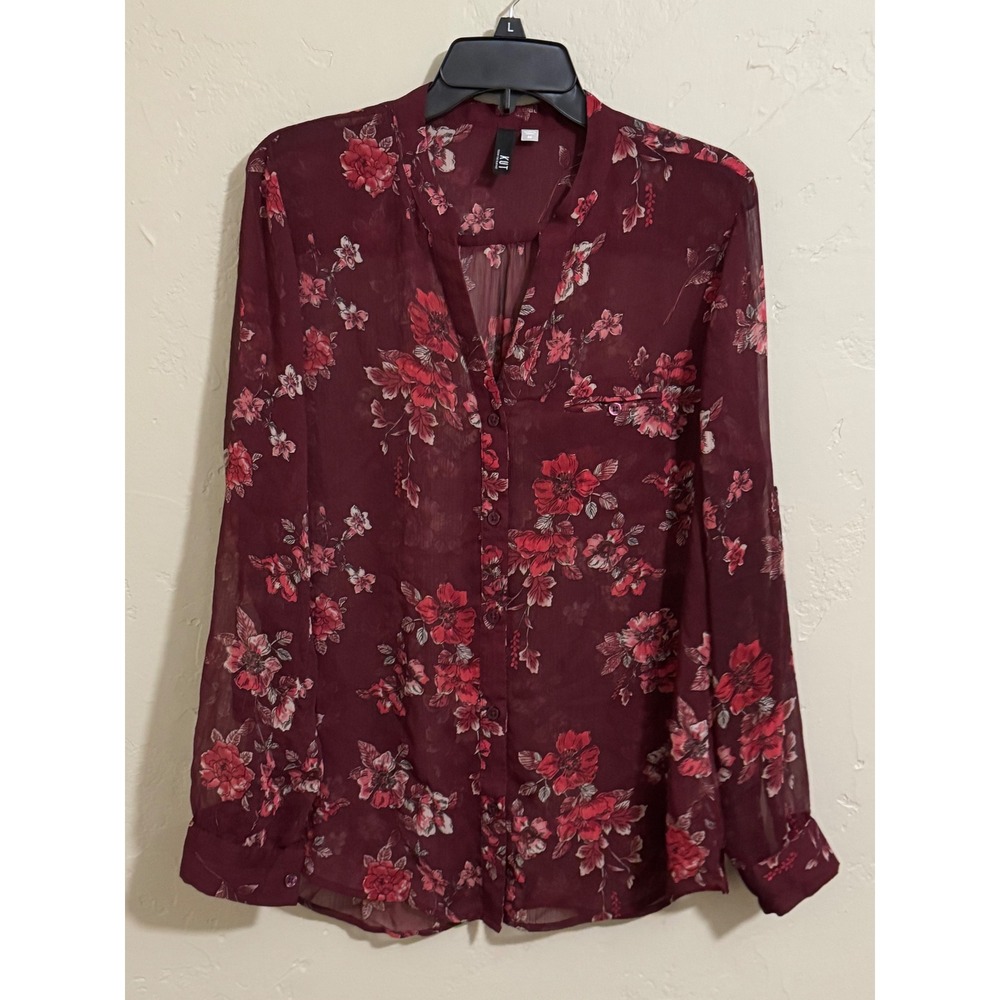 KUT from the Kloth Blouse Size M - Burgundy / Wine Floral Sheer Button Up